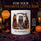 White Scottish Fold cat Halloween mug with custom pet name and spooky fall artwork — image 1