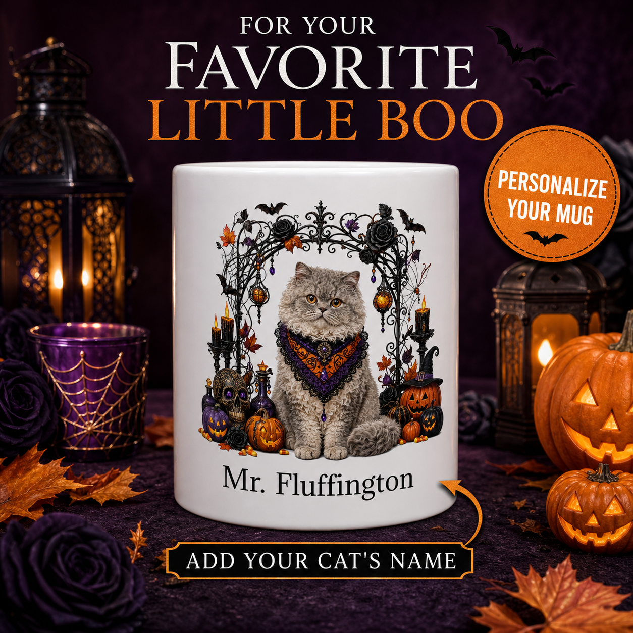 White Selkirk Rex cat Halloween mug with custom pet name and spooky fall artwork — image 1