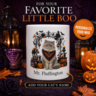 White Selkirk Rex cat Halloween mug with custom pet name and spooky fall artwork — image 1