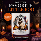 White Siamese cat Halloween mug with custom pet name and spooky fall artwork — image 1