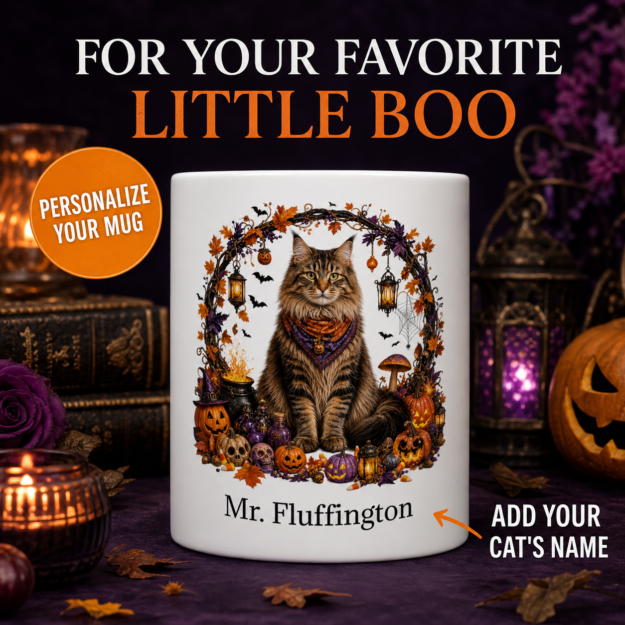 White Siberian cat Halloween mug with custom pet name and spooky fall artwork — image 1