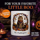 White Siberian cat Halloween mug with custom pet name and spooky fall artwork — image 1
