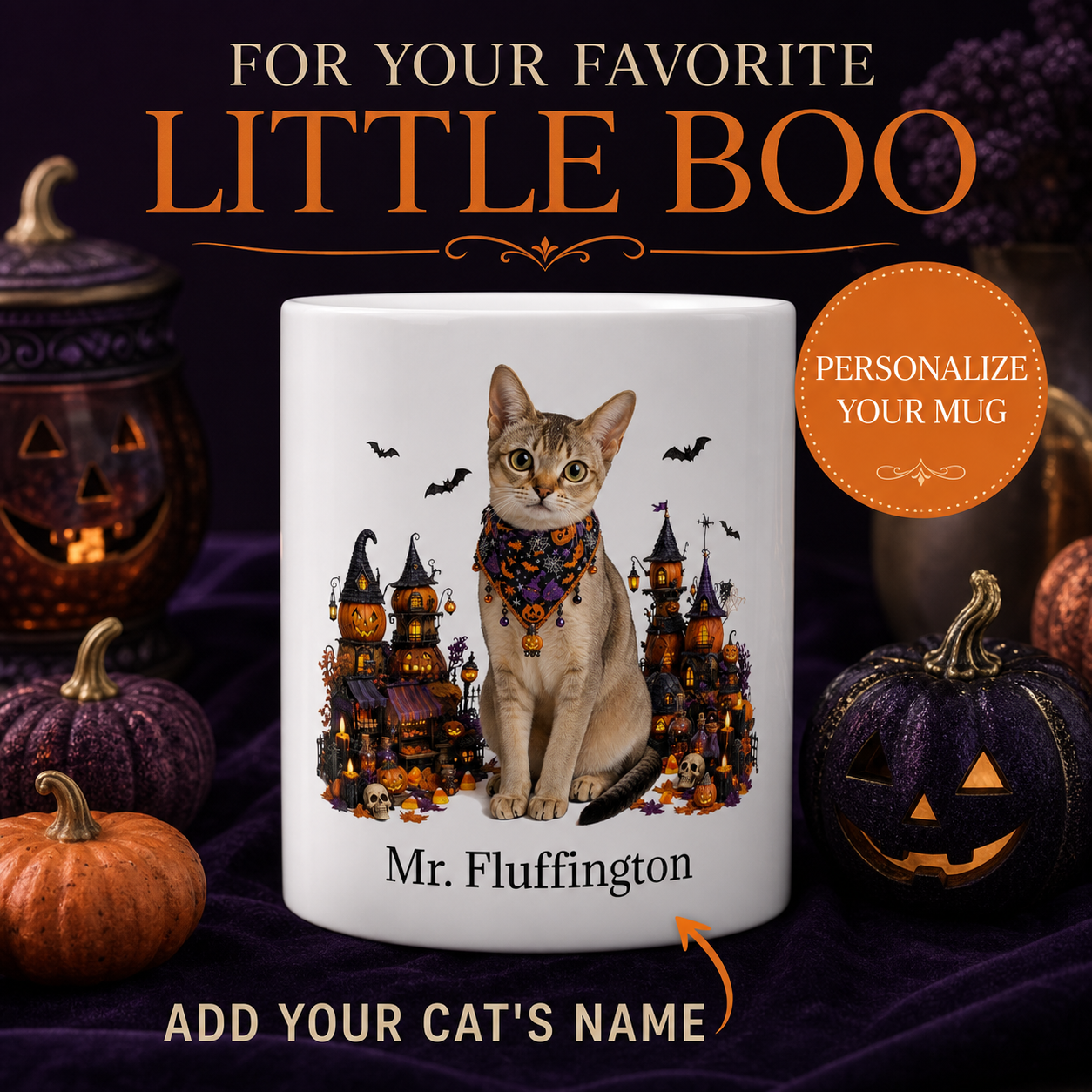 White Singapura cat Halloween mug with custom pet name and spooky fall artwork — image 1