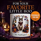 White Snowshoe cat Halloween mug with custom pet name and spooky fall artwork — image 1
