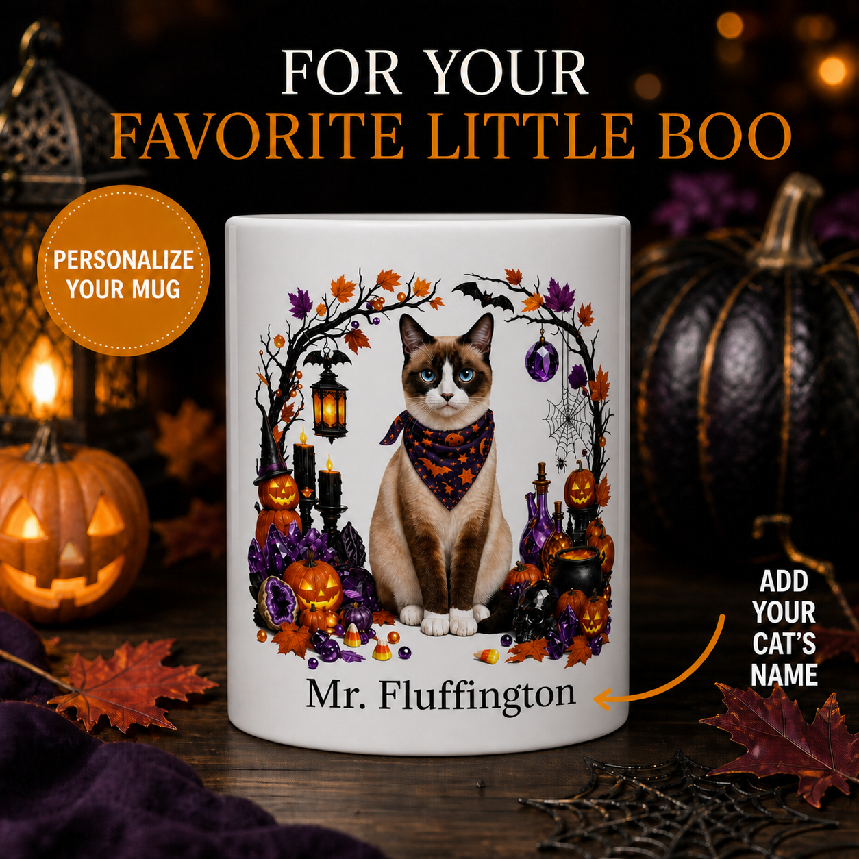 Personalized Snowshoe cat Halloween mug front view with custom name and no visible handle