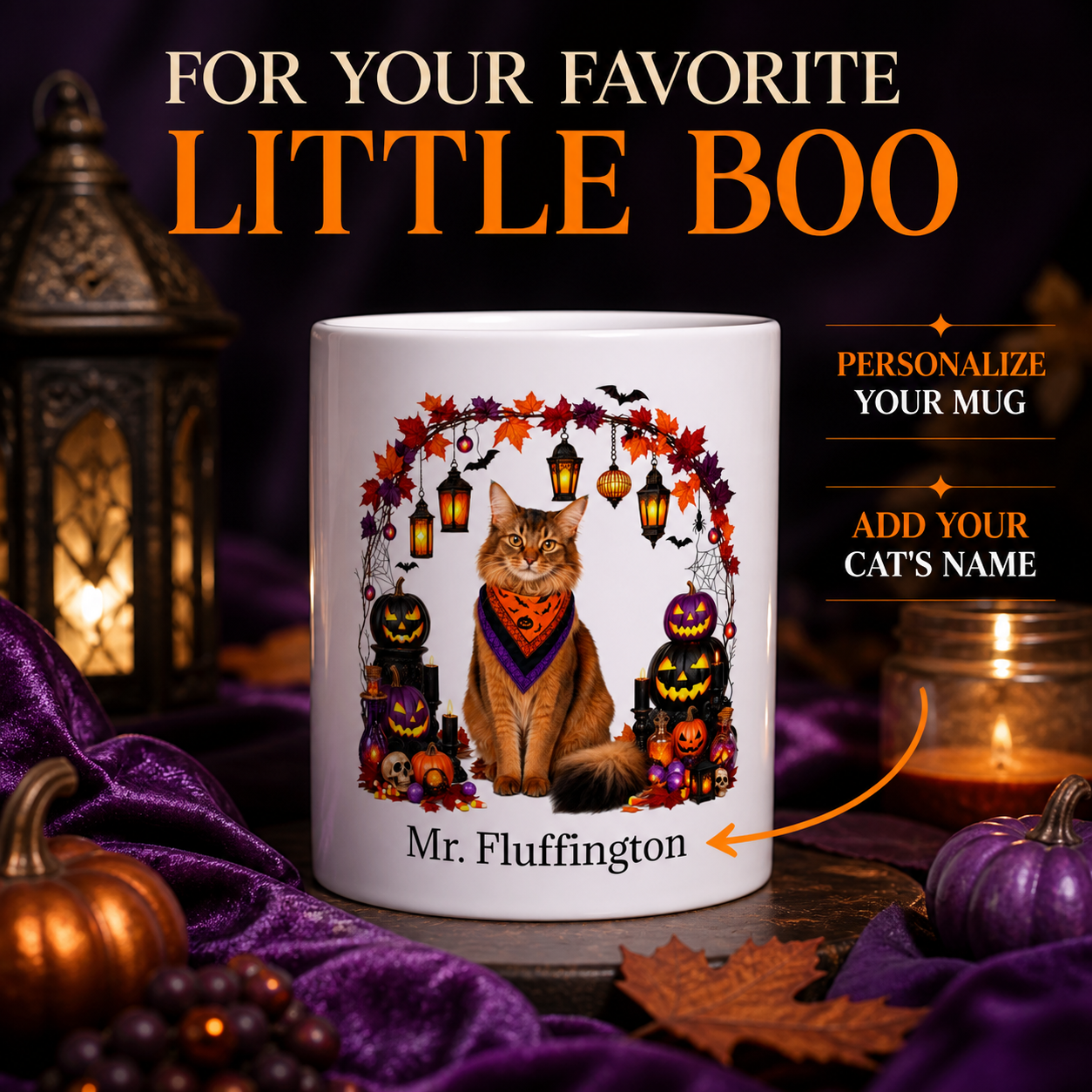 White Somali cat Halloween mug with custom pet name and spooky fall artwork — image 1