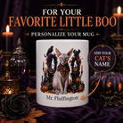 White Sphynx cat Halloween mug with custom pet name and spooky fall artwork — image 1