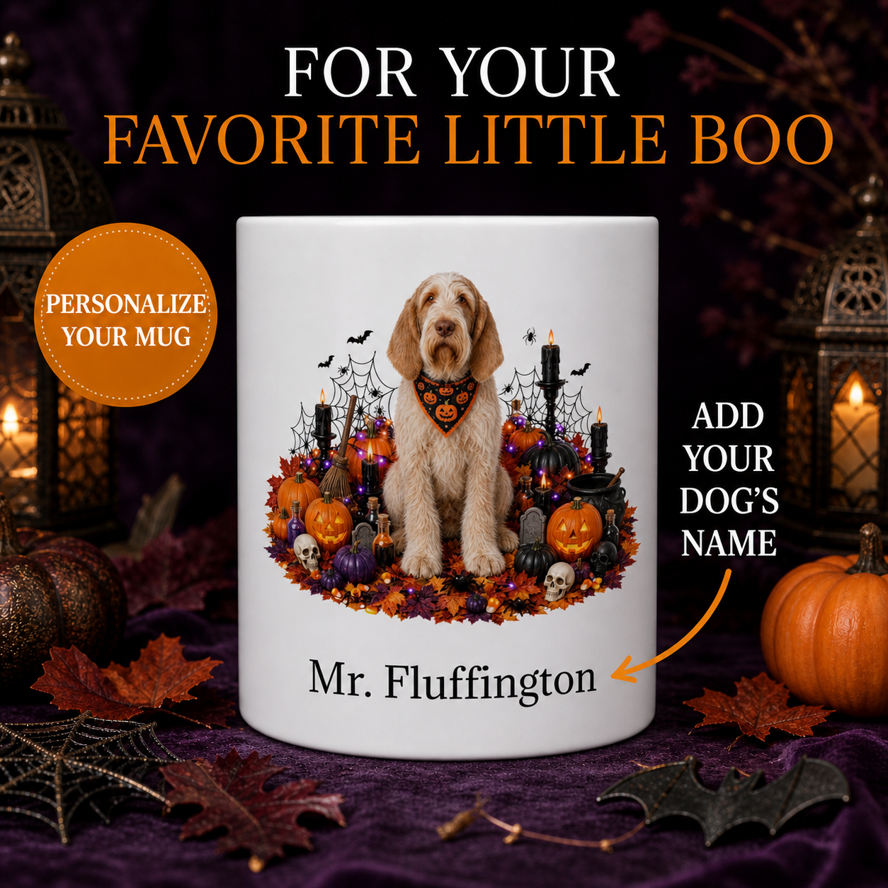 White Spinone Italiano dog Halloween mug with custom pet name and spooky fall artwork — image 1