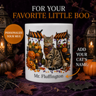 White Tabby cat Halloween mug with custom pet name and spooky fall artwork — image 1