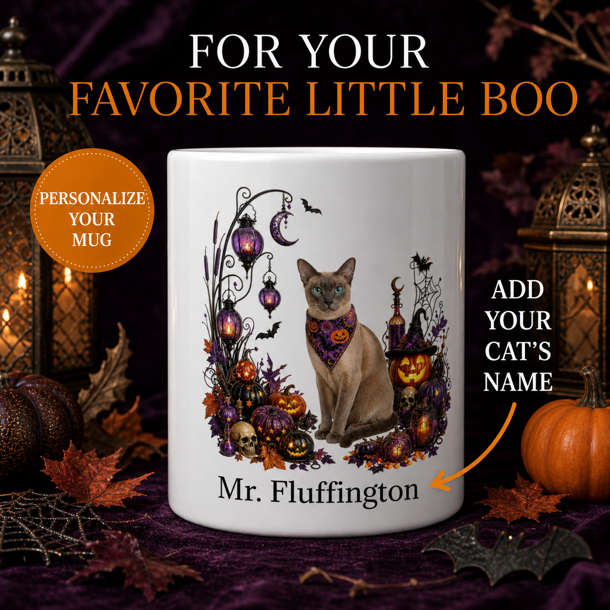 White Tonkinese cat Halloween mug with custom pet name and spooky fall artwork — image 1