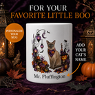 White Tonkinese cat Halloween mug with custom pet name and spooky fall artwork — image 1