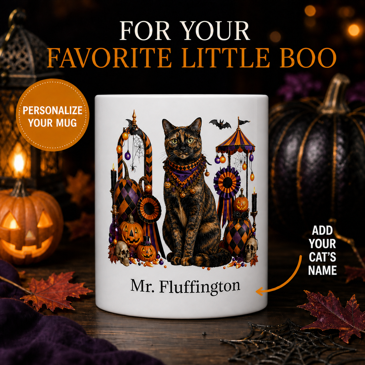 Personalized Tortoiseshell cat Halloween mug front view with custom name and no visible handle