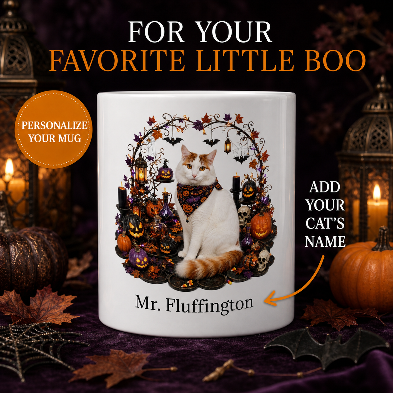 White Turkish Van cat Halloween mug with custom pet name and spooky fall artwork — image 1