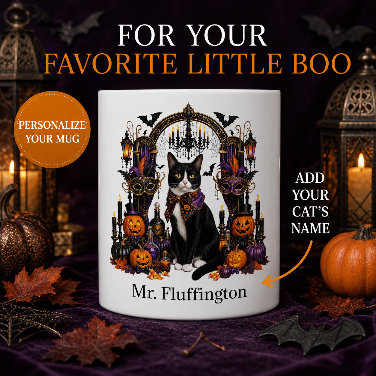 White Tuxedo cat Halloween mug with custom pet name and spooky fall artwork — image 1