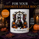White Tuxedo cat Halloween mug with custom pet name and spooky fall artwork — image 1
