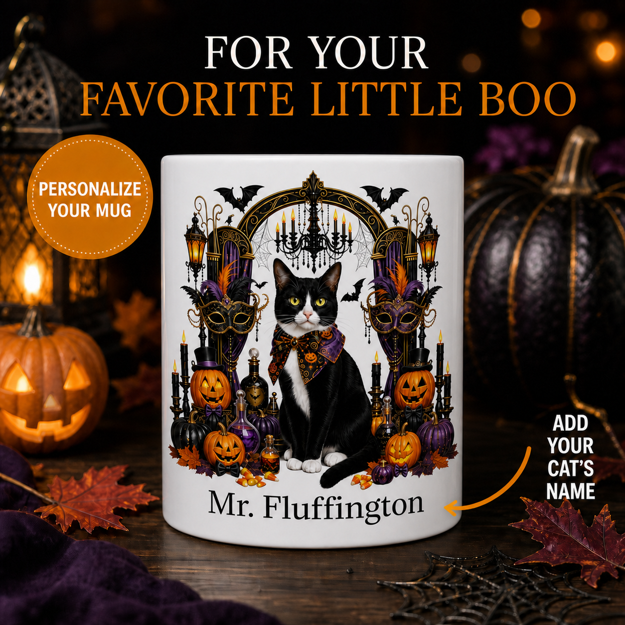 Personalized Tuxedo cat Halloween mug front view with custom name and no visible handle