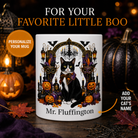 Personalized Tuxedo cat Halloween mug front view with custom name and no visible handle